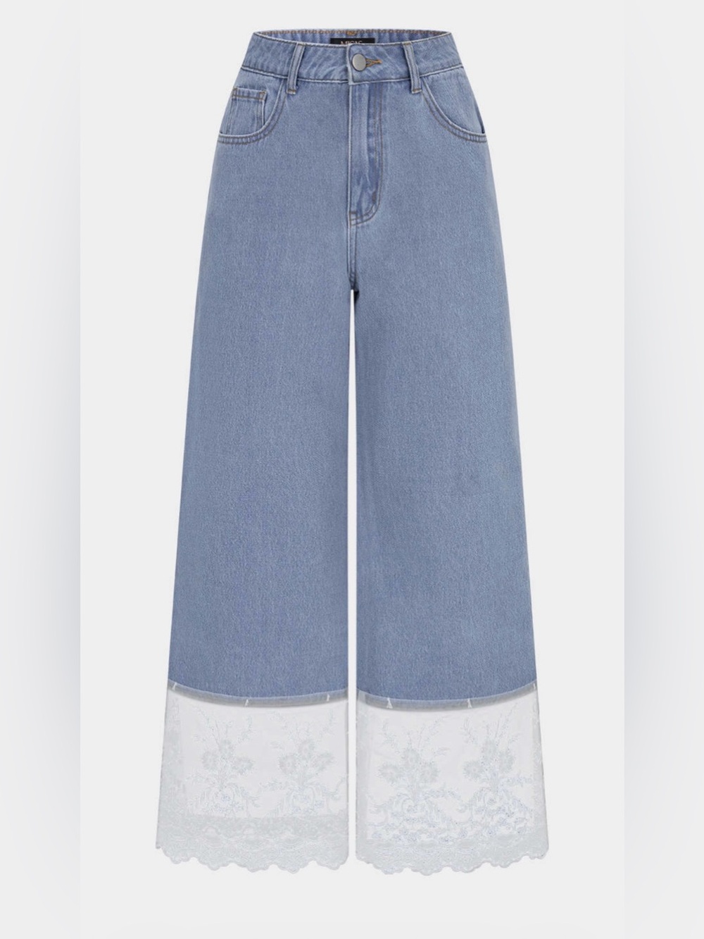 Women Denim Patchwork White Lace Trim Jeans - Picture 3 of 7